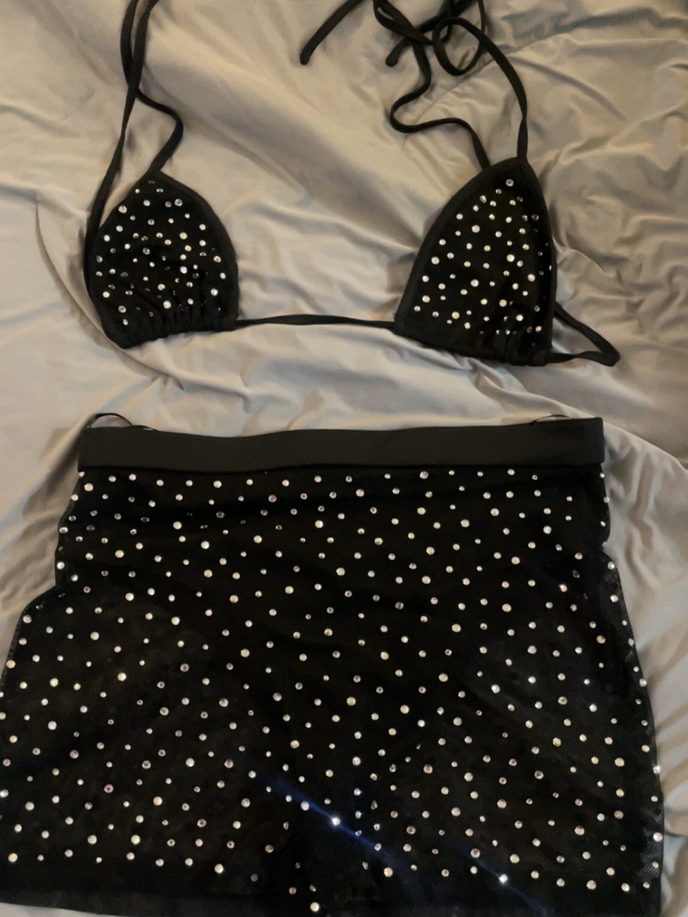 Fashion Nova Black Rhinestone Bandeau Bikini Top & biker shorts Set- sexy outfit